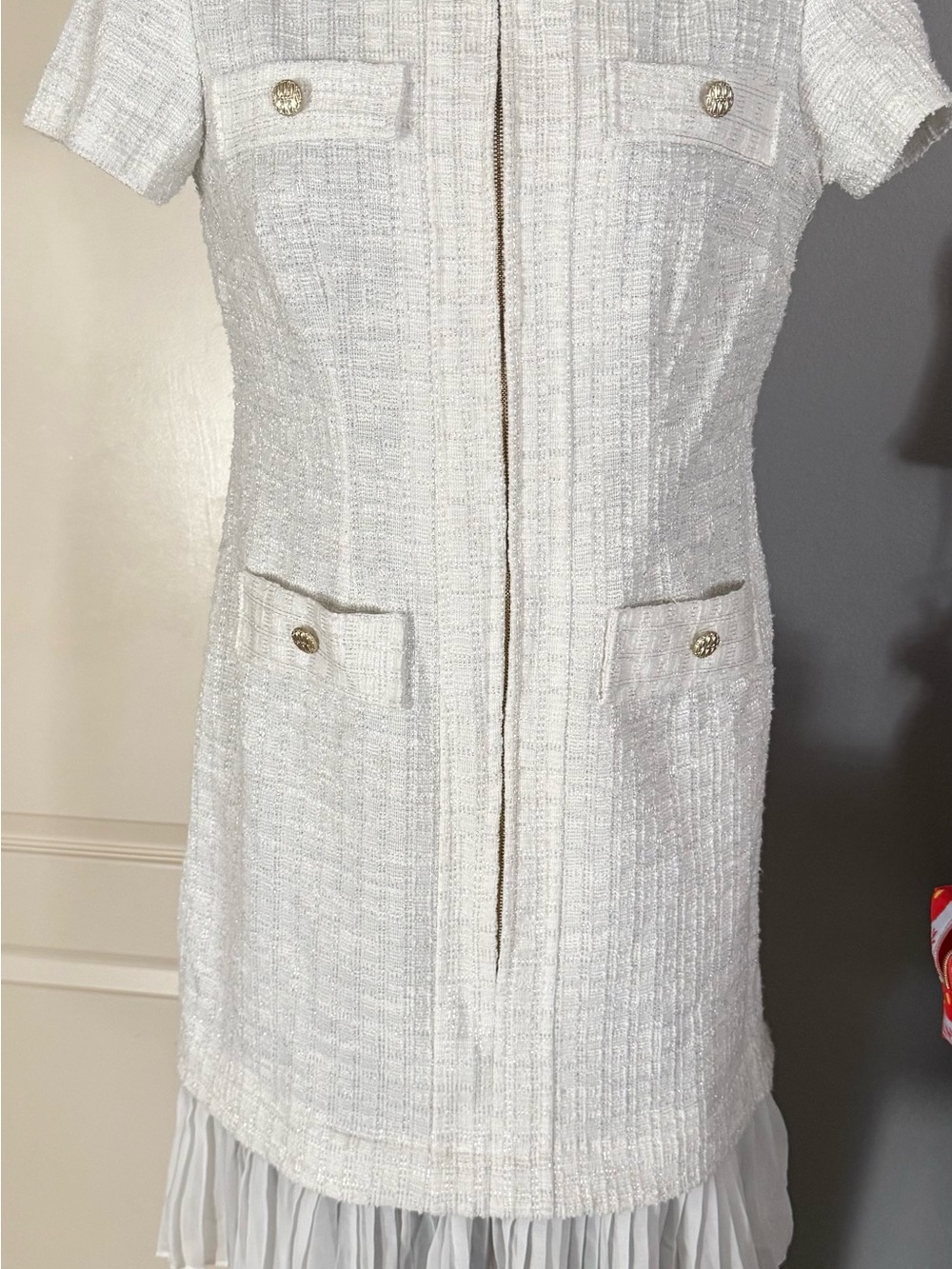 Elegant Women's white Tweed Shift Dress with Pleated Hem by Shelby and Palmer